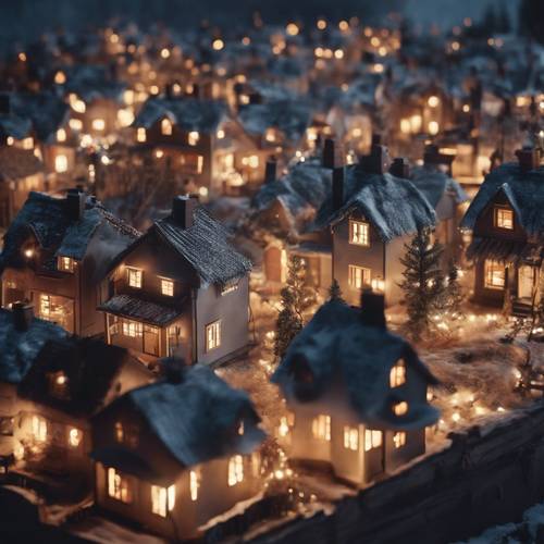 Un petit rassemblement de humbles maisons de style occidental avec chaque cheminée soufflant de la fumée et des lumières de Noël scintillantes.