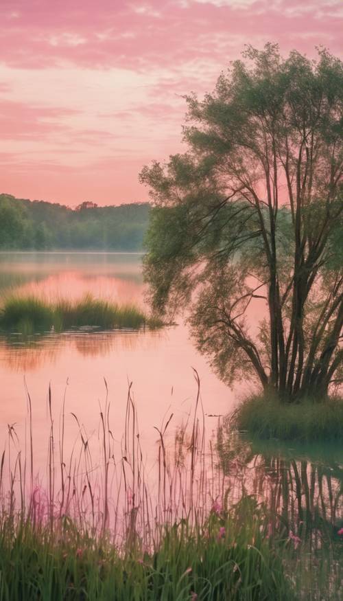 Um nascer do sol em tons suaves de verde e rosa sobre um lago tranquilo.