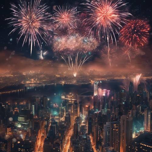 A spectacular display of fireworks illuminating the night sky with vibrant heart shapes over a bustling cityscape. Tapet [088f42370a1640aa91fb]