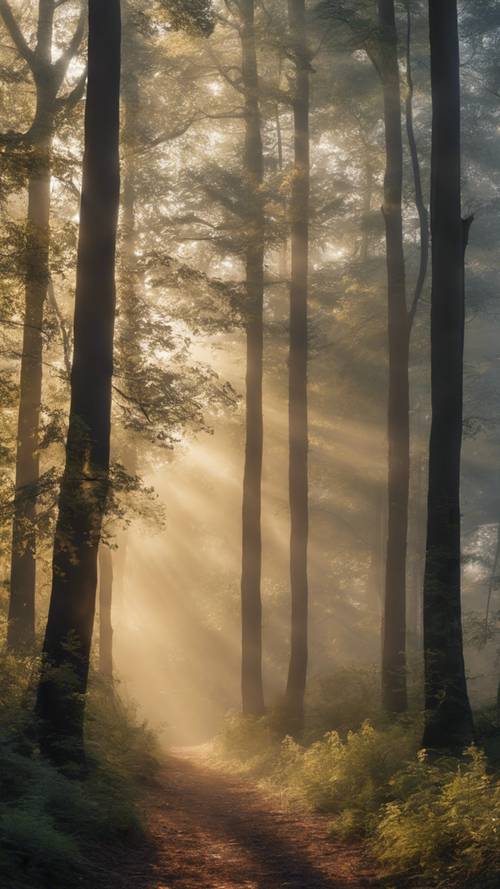 A picturesque foggy forest at dawn with rays of sunlight breaking through the trees.
