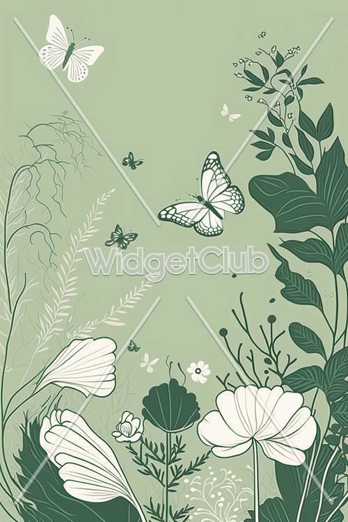 Green Garden with Butterflies and Flowers Background