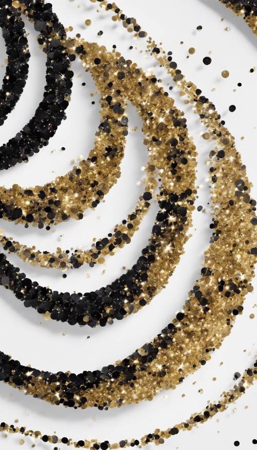 Glitter preto e dourado criando um padrão espiral em um fundo branco