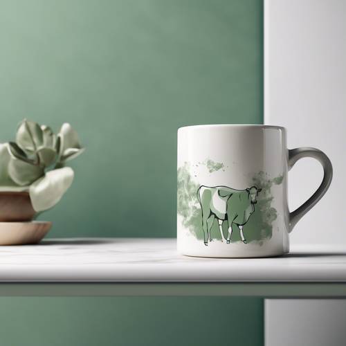 Szykowna, współczesna ilustracja przedstawiająca biały ceramiczny kubek do kawy ze stylowym nadrukiem krowy w kolorze szałwiowej zieleni.