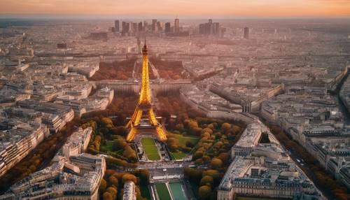 Uma vista aérea da Torre Eiffel durante um pôr do sol de tirar o fôlego