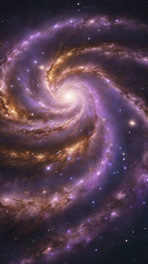 Uma cena intensa do espaço profundo apresentando uma galáxia com braços espirais distintos brilhando em tons de dourado e roxo