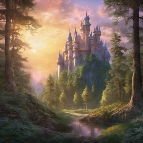 A fairy tale castle emerging behind tall pine trees of a magical forest at sunrise.