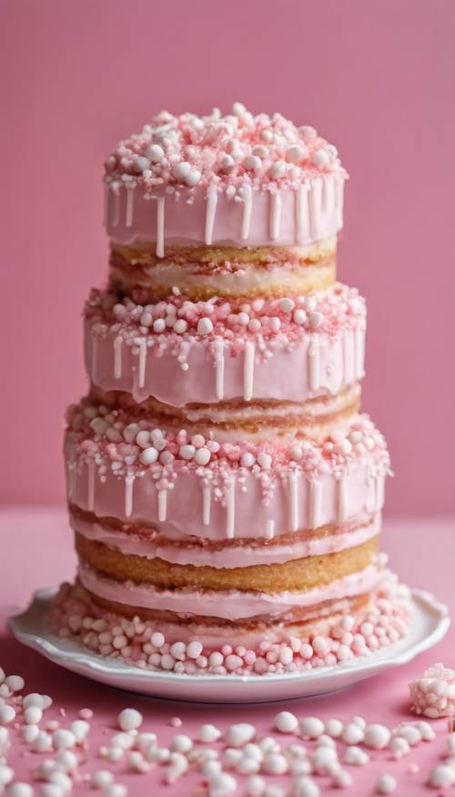 분홍색 아이싱과 흰색 물방울 무늬 스프링클이 위에 올려진 맛있는 3층 케이크입니다.
