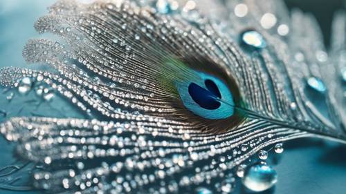 A close-up of a light blue peacock feather covered in morning dew