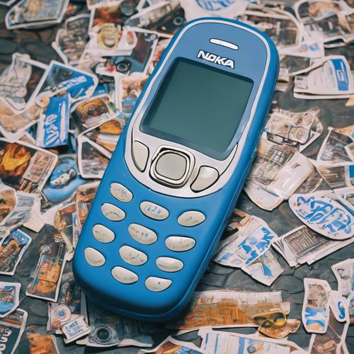 A still life of a blue Nokia 3310 with a Y2K-themed sticker on the back. Ταπετσαρία [203c0af016244c31b439]