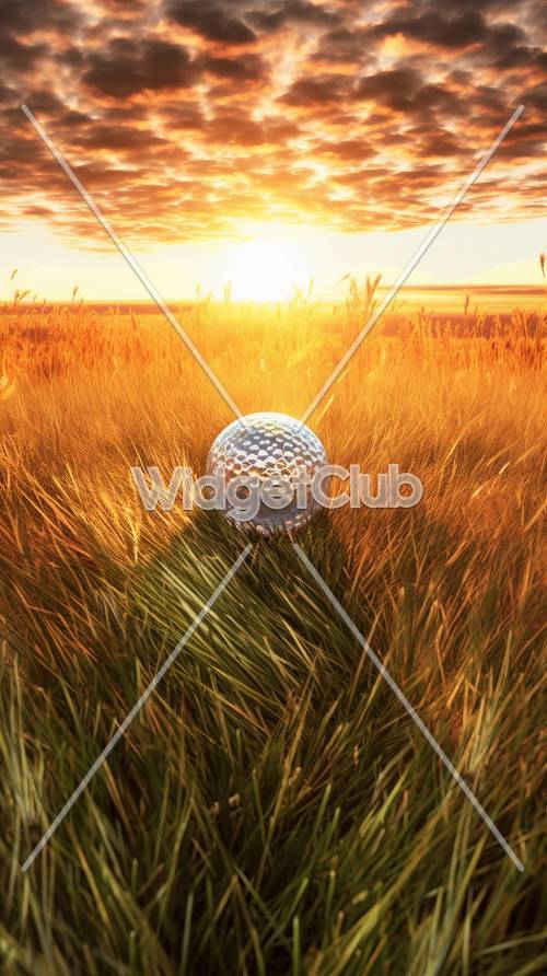 Escena de pelota de golf al atardecer dorado