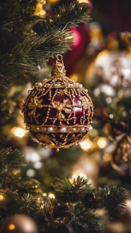 Uma árvore de Natal marrom com tema vitoriano decorada com enfeites de ouro e pérolas.