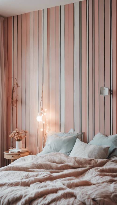 Un dormitorio suave y acogedor con paredes pintadas con rayas verticales en colores pastel.