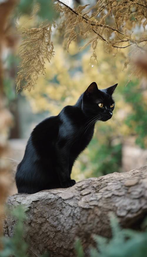 חתול שחור עם זנב לבן, מסתתר מתחת לשיח עבה, מתבונן בסנאי על עץ.