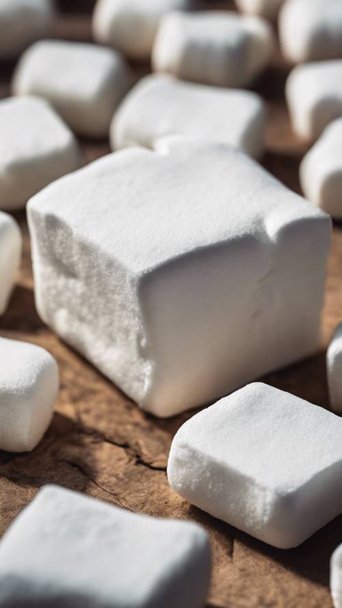 Marshmallow persegi putih masih dalam bentuk pembuatannya, belum tersentuh dan sempurna.