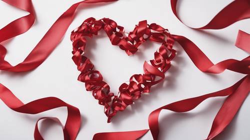 Un cuore fatto di nastri di seta rossi su sfondo bianco.