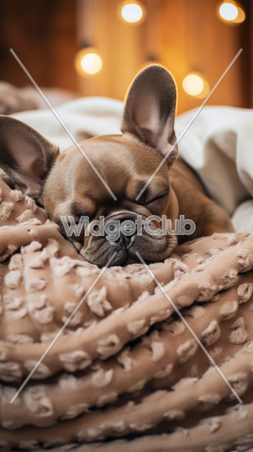 Cucciolo di bulldog francese addormentato su una coperta accogliente