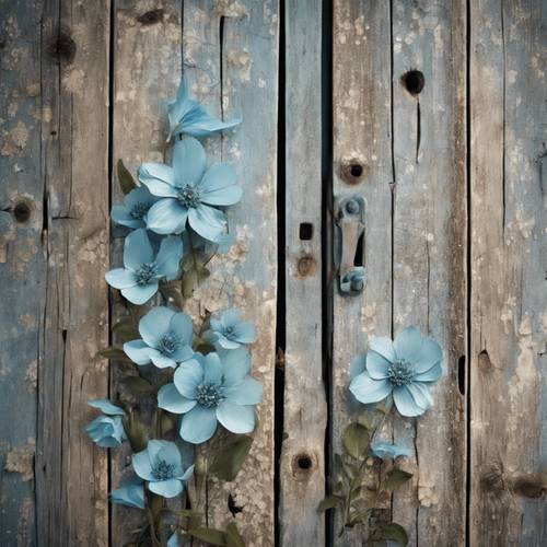 Flores de color azul claro pintadas a mano en antiguas puertas rústicas de madera de granero.