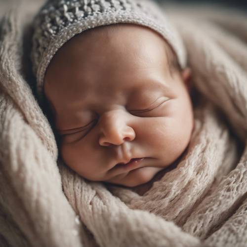 Un neonato avvolto in una fascia che dorme profondamente, tenendo il dito del genitore.