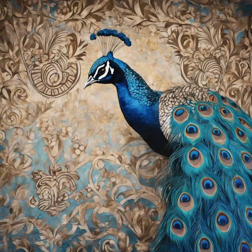 Artistic rendering of a blue peacock enshrined in an Indian mural.