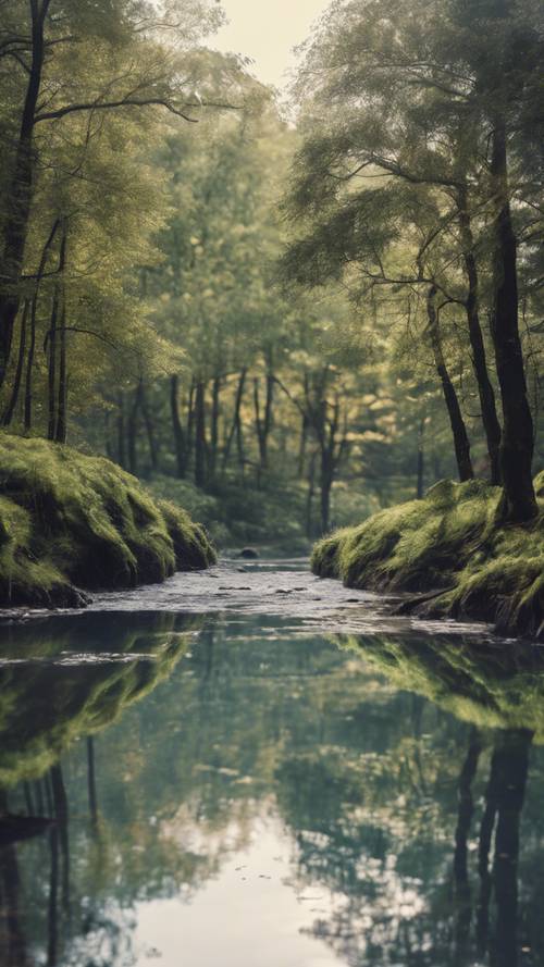 A tranquil scene of a gently flowing river through a forest, the quote 'Difficult roads often lead to beautiful destinations.' reflected on the water's surface. Tapéta [8de23fb776d749b9b392]