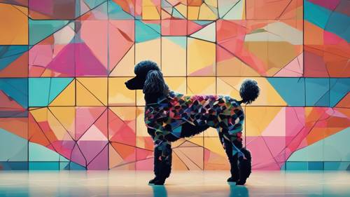 Uma obra de arte abstrata apresentando a silhueta de um poodle, dividida em vários padrões geométricos de cores brilhantes.