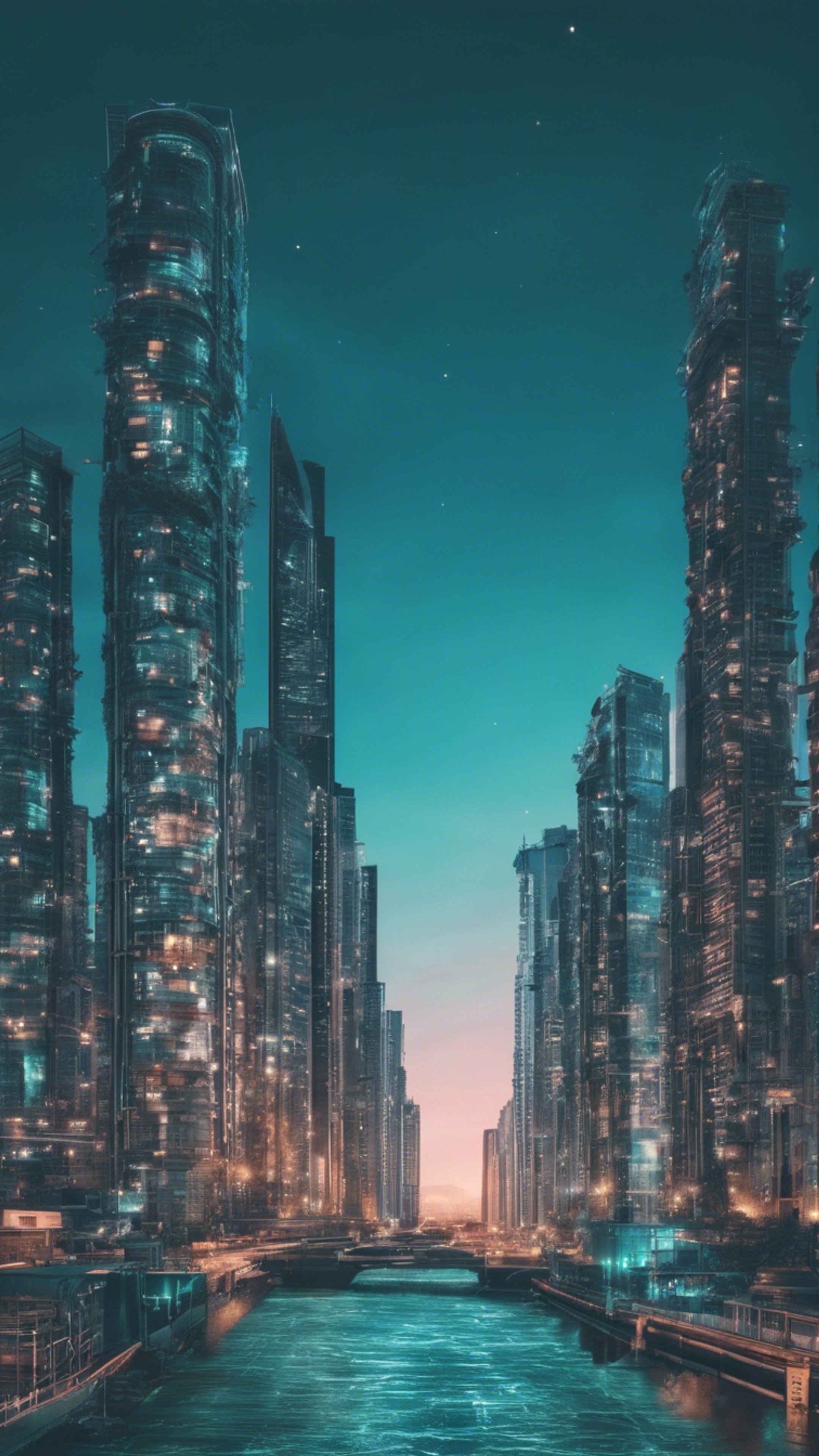A contemporary cityscape under the twilight sky casting cool teal hue. Wallpaper[44491a7bcb2b4189ab7f]