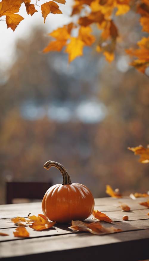 A tiny pumpkin sitting on a wooden table surrounded by fall leaves.