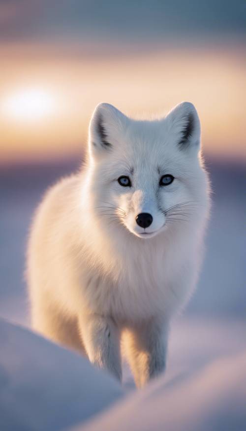 촘촘한 흰색 털을 가진 북극 여우가 북극광의 부드러운 빛 아래 눈 덮인 북극 툰드라의 황량한 풍경을 조용히 건너고 있습니다.