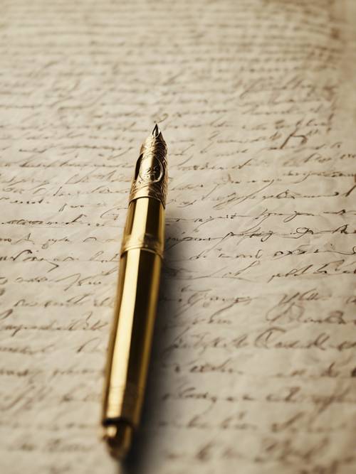 Una penna stilografica metallica dorata poggiata su un&#39;antica pergamena.