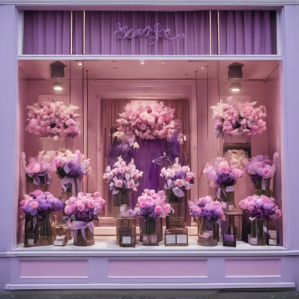 A boutique shop window adorned with pink satin ribbons and purple lavender bouquets. Tapetai[be13ea54c2f246b0803e]