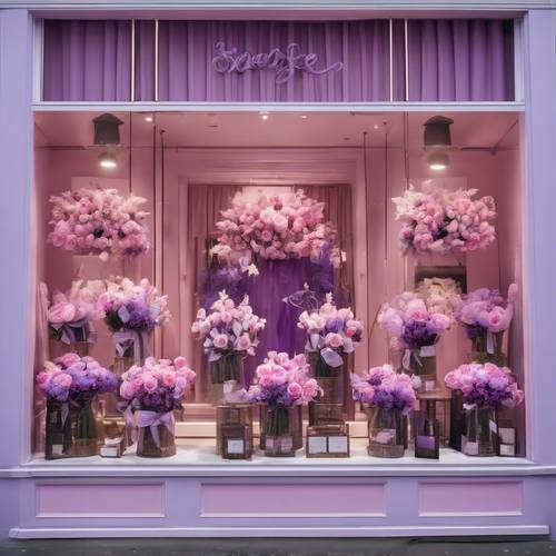 Etalase toko butik dihiasi pita satin merah muda dan karangan bunga lavender ungu.