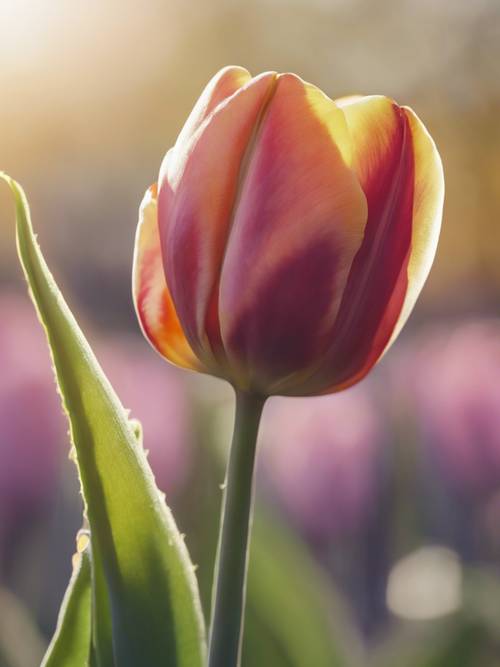 Um botão de tulipa prestes a explodir quando o primeiro raio de sol o atinge.