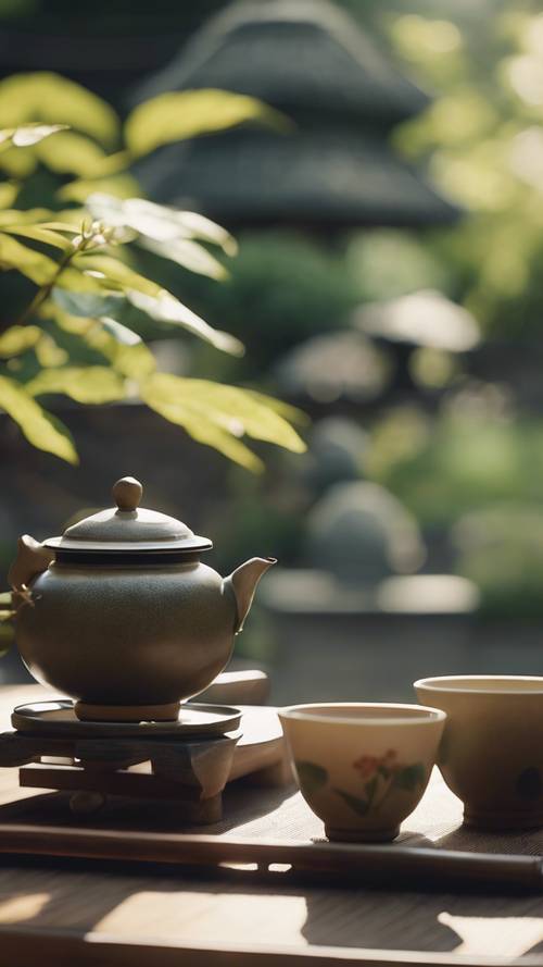 Spokojna scena w ogrodzie przedstawiająca tradycyjną japońską ceremonię parzenia herbaty odbywającą się w słoneczne popołudnie.