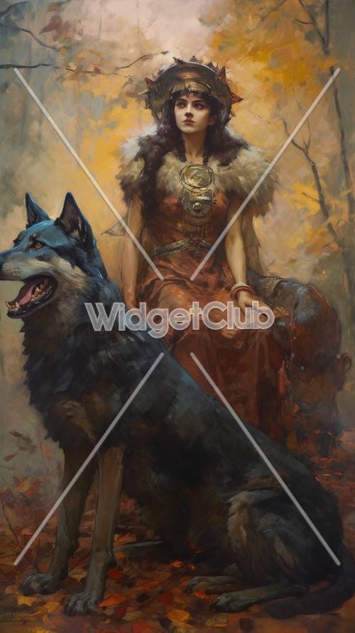不思議な森の女性と彼女の巨大な狼の相手