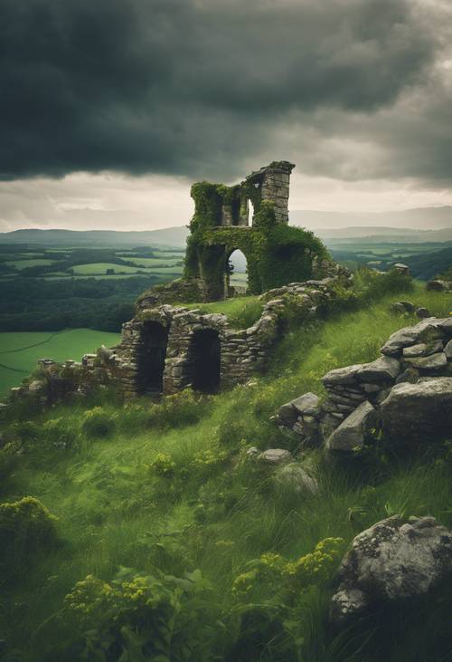 Un impresionante paisaje celta que representa una antigua ruina cubierta de enredaderas en una colina verde bajo un cielo tormentoso.