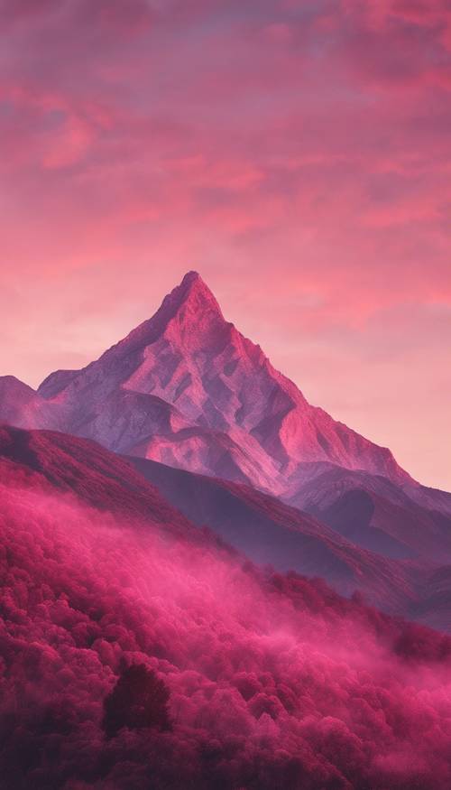 一座雄偉的粉紅色山沐浴在夕陽的光芒中。