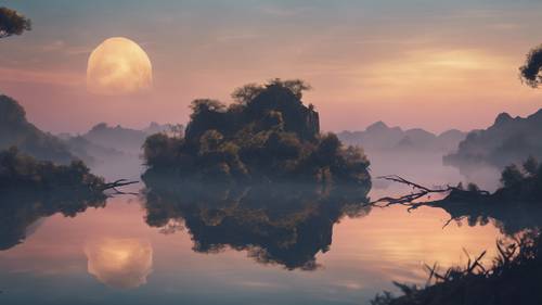 Uma paisagem de ilhas flutuantes flutuando em uma névoa crepuscular em um sonho.