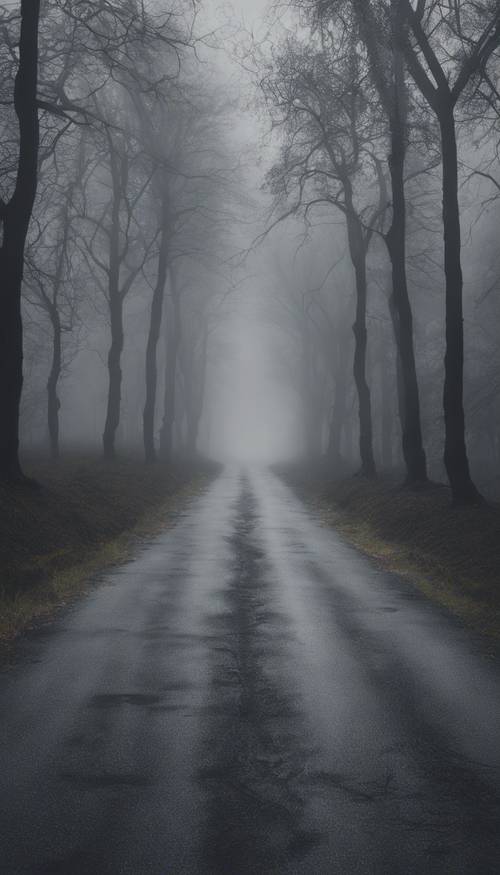Eine schwarze Straße an einem grauen, nebligen Morgen mit geheimnisvoller Atmosphäre.