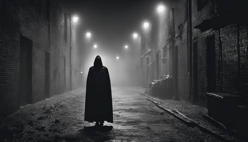 A sinister figure cloaked in black, looming in a dark alley on a foggy night.