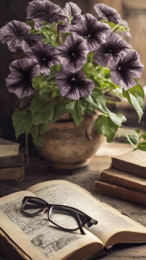 A vintage still life with black petunias and an open antique book on a rustic wooden table.
