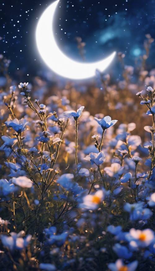 Una luna creciente suspendida sobre un mar de brillantes flores azules que florecen de noche.