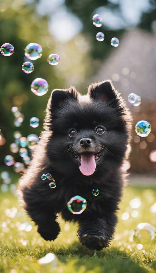 一隻頑皮的黑色博美犬小狗在陽光明媚的後院追逐泡泡