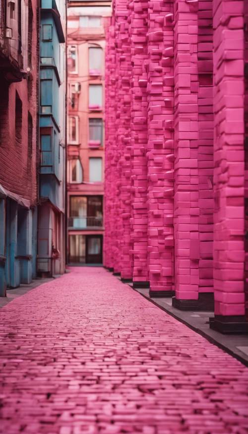Uma rua da cidade em um dia ensolarado, ladeada por edifícios feitos de tijolos rosa choque brilhantes.