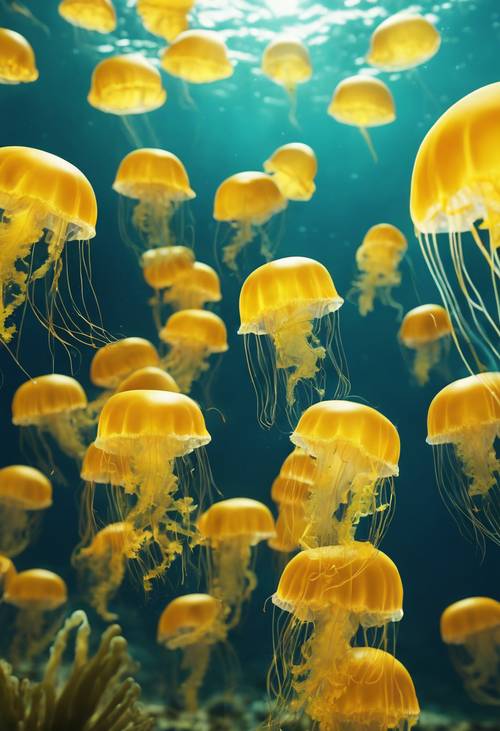 A group of neon yellow jellyfish floating serenely in the clear ocean depths.