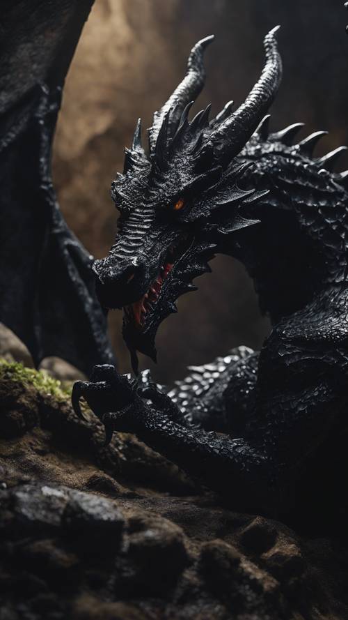 Un siniestro dragón negro durmiendo en su oscura y húmeda cueva.