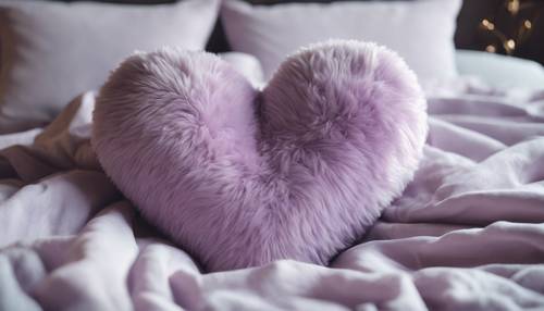 Un oreiller moelleux en forme de cœur kawaii dans une douce teinte lavande, posé sur un couvre-lit douillet.