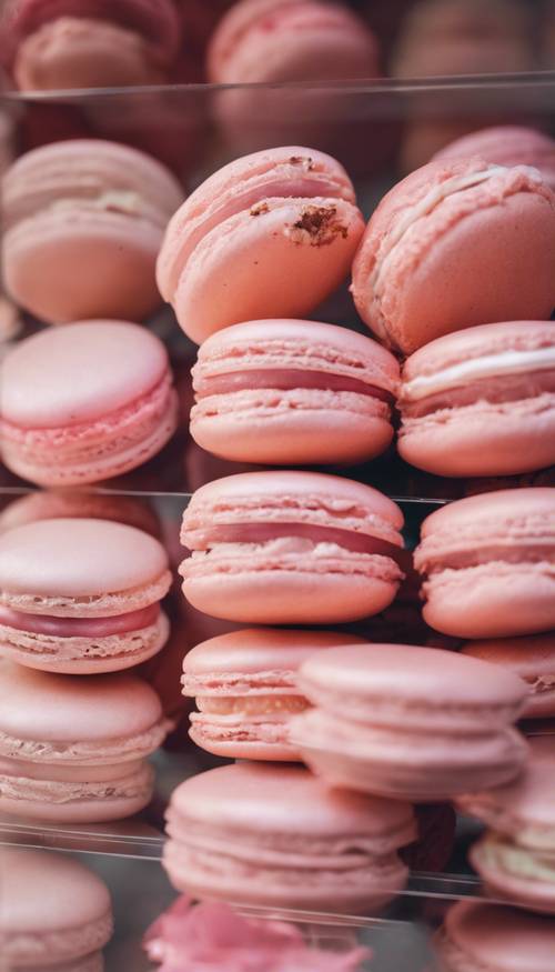 Tasty pastel pink macarons displayed in a bakery window.