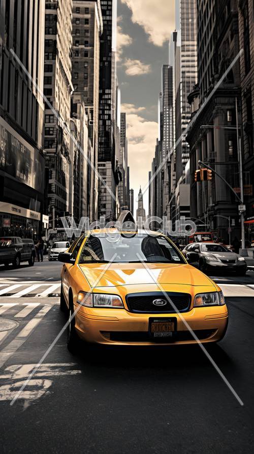 明るい黄色のタクシーがにぎやかな街の通りを走る壁紙