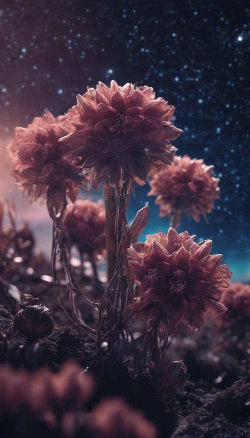 Fleurs sombres poussant sur une planète extraterrestre sous un ciel étoilé.