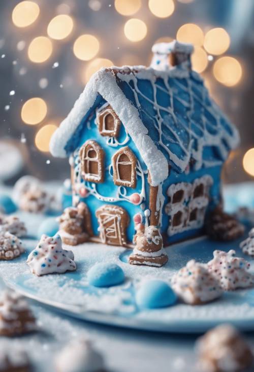 Una casa de jengibre azul con azúcar glas y decoraciones de dulces.